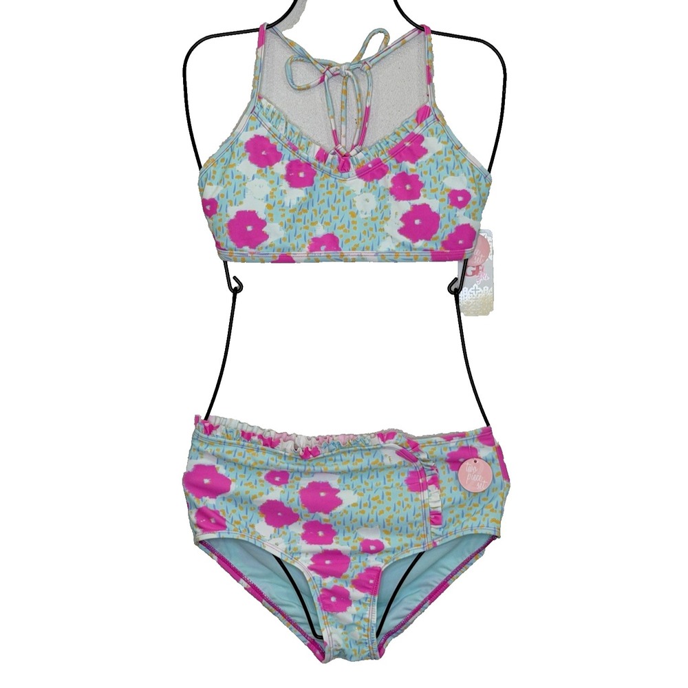 GB Girls 2 Piece Bikini Swimsuit Size 16 Blue Pink Floral Padded Ruffle Trim NEW